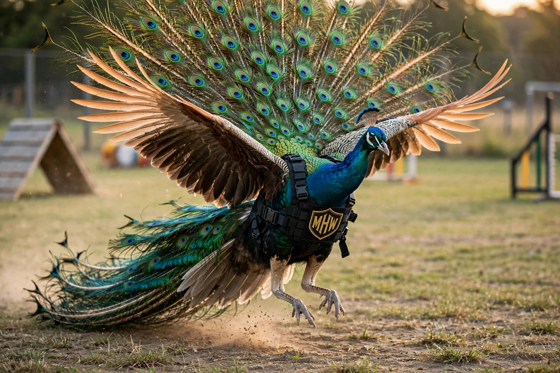 Peacock holding a stay on the patio