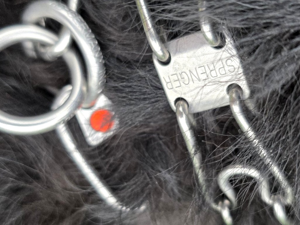 The orange dot tag and the stamped Sprenger center plate in one frame (the plate is flipped in this shot, so the stamp reads mirrored)
