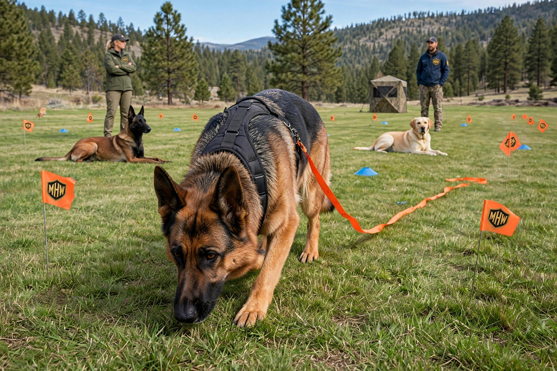 German Shepherd tracking on a long orange line