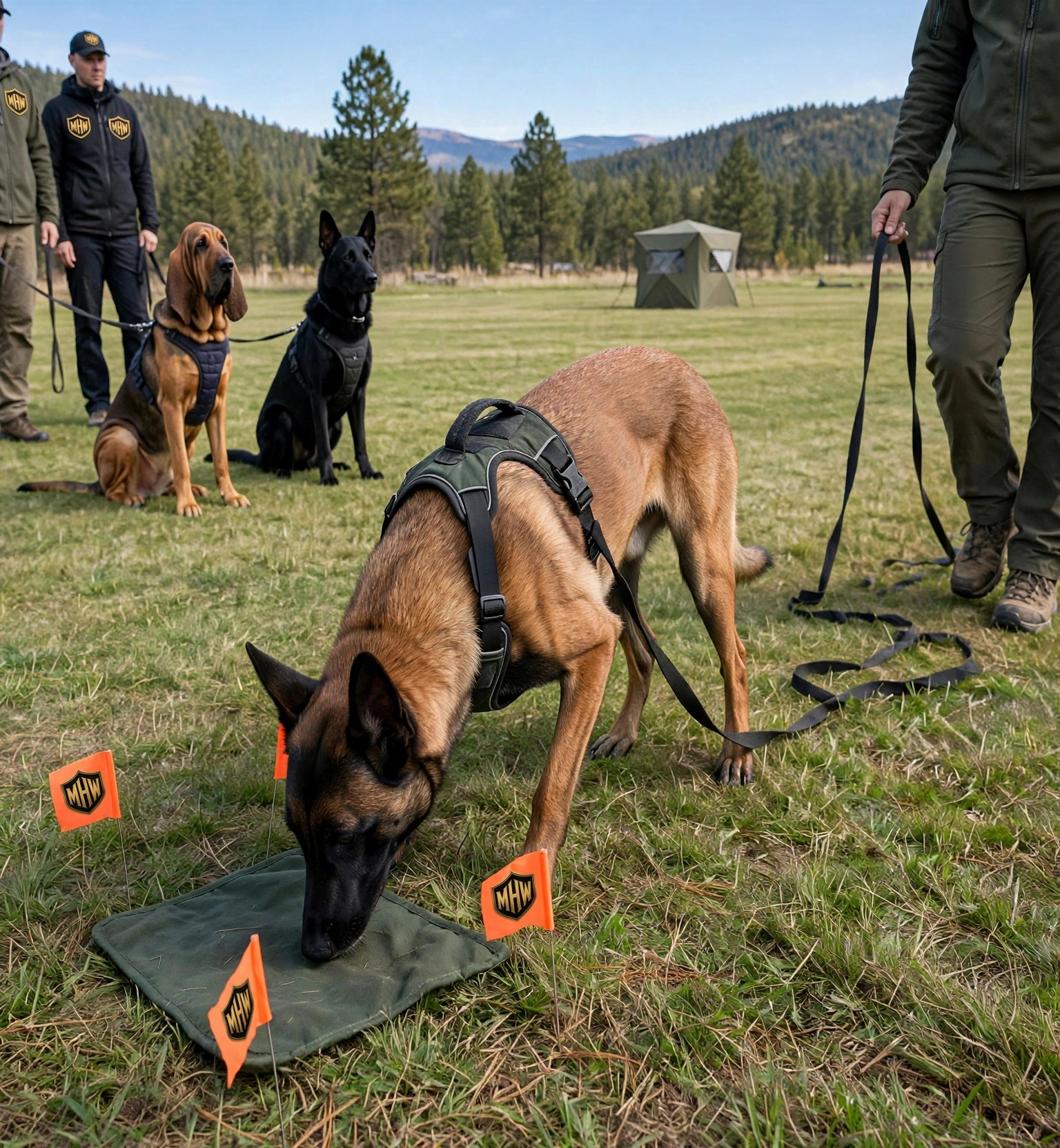 Malinois working a scent pad in a tracking harness