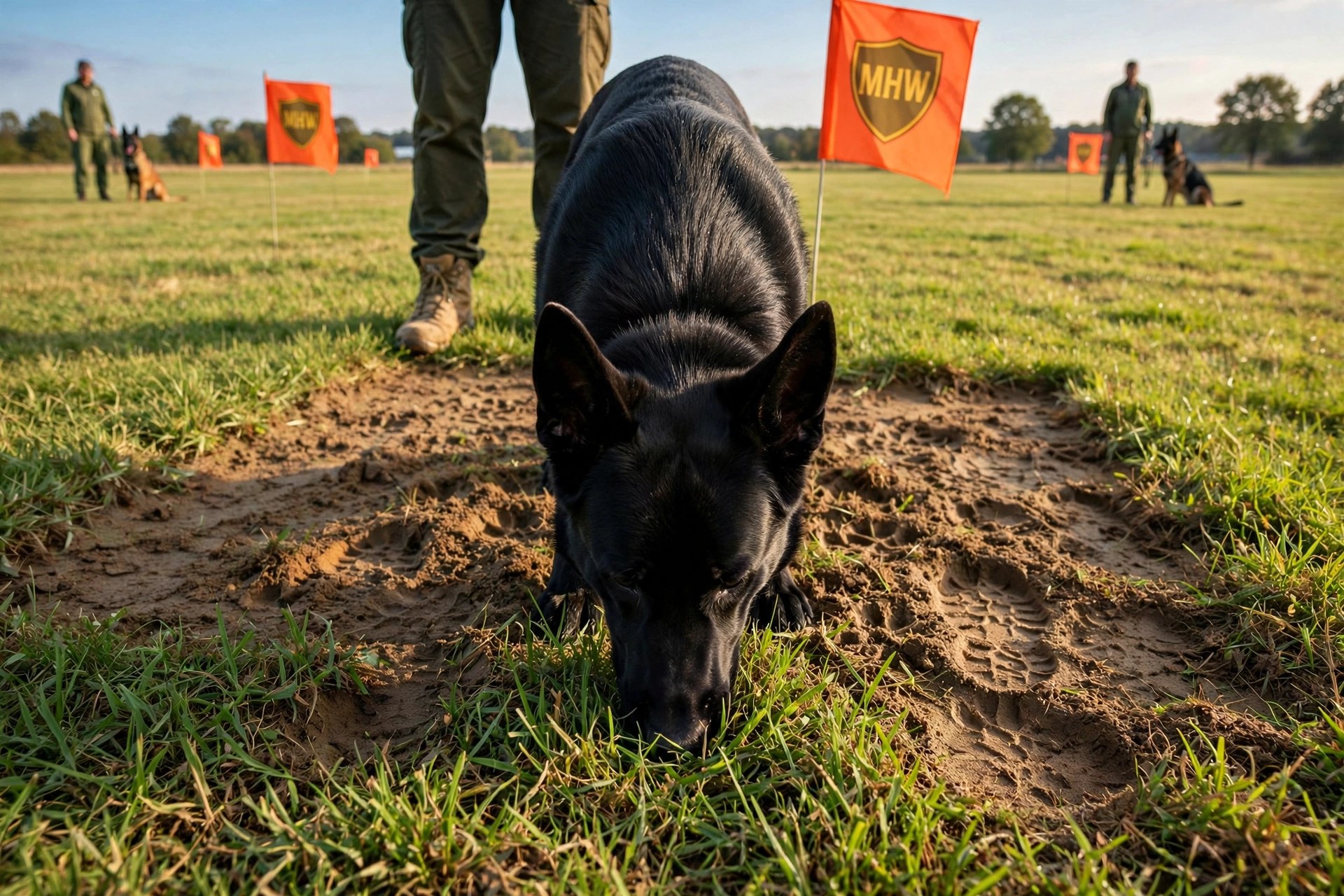 Young German Shepherd with nose deep in a boot-trampled scent pad