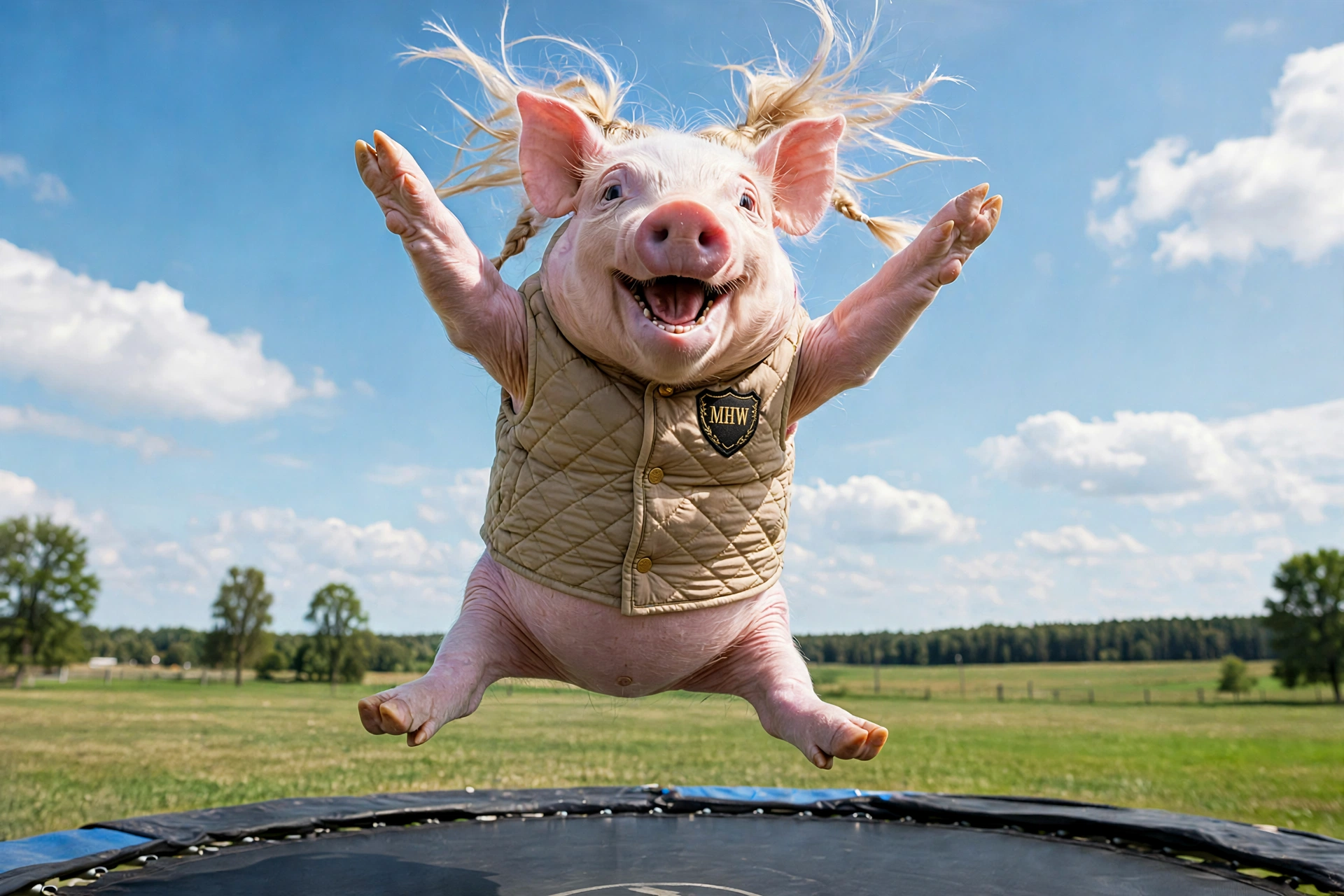 Petunia Pig on trampoline